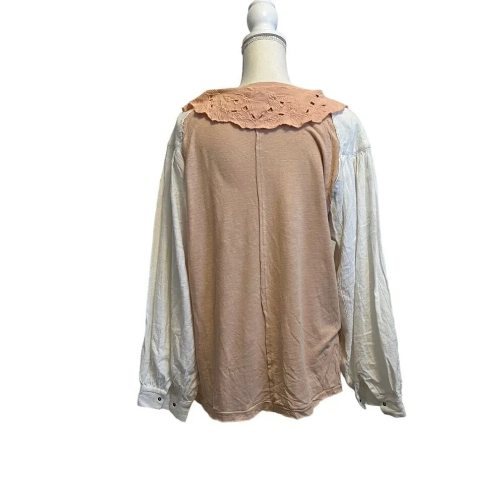 Free People Contrast Sleeve Lace Collar Tunic Top Pink White Cotton Blend Size M